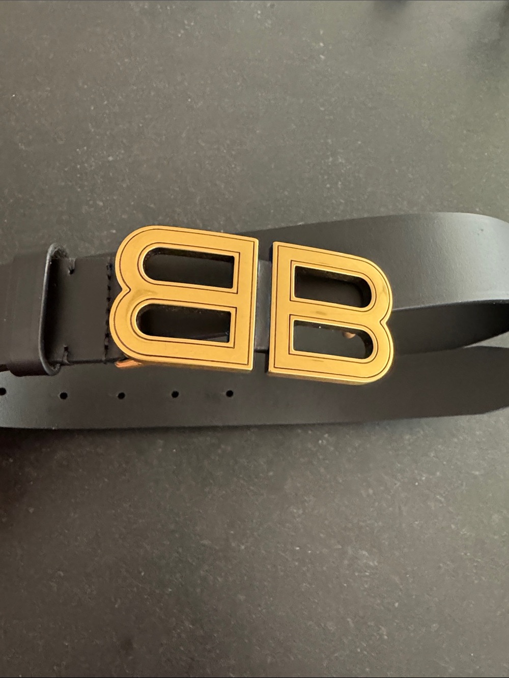 Balenciaga Black Leather Belt with Gold Double B Buckle, Excellent Condition, 85